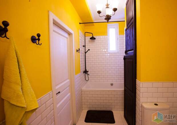 Желтая ванная, интерьер ванной с душевой