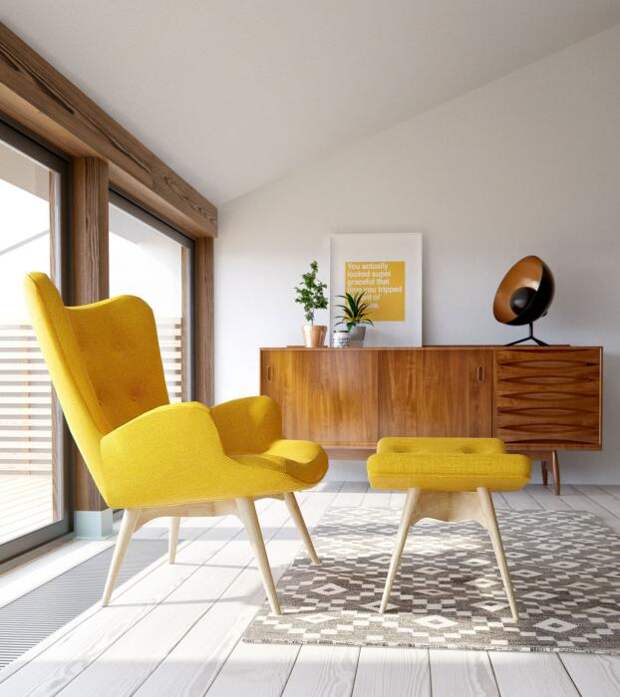 Дизайн-проект в таунхаусе,  интерьер мансарды, современное желтое кресло