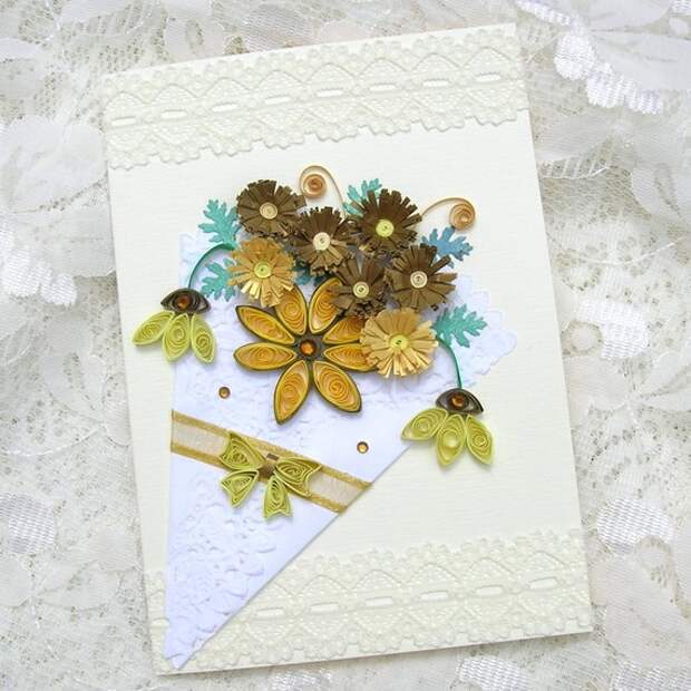 Paper Quilled Fringed Yellow and Gold FLOWERS in a Paper Doily Cone Handmade Greeting Card by Enchanted Quilling on Etsy