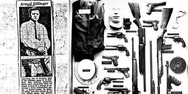 Вырезка из газеты с изображением арсенала и посмертной маски Джона Диллинджера. Фото: warhead.su