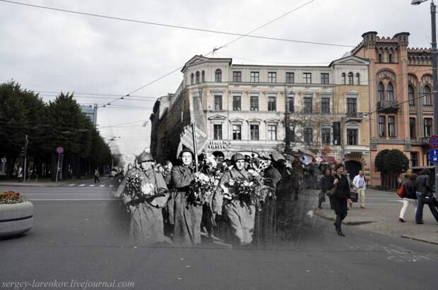 33.Рига 1944-2013 улица Бривибас. Солдаты 130-го Латышского стрелкового корпуса вступают в Ригу, 16 октября 1944 года SL 33.Рига 1944-2013 улица Бривибас. Солдаты 130-го Латышского стрелкового корпуса вступают в Ригу, 16 октября 1944 года SL