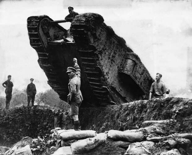 British tanks maneuvering trenches during the Battle of Cambrai, the first use of tanks in mass, France, 1917