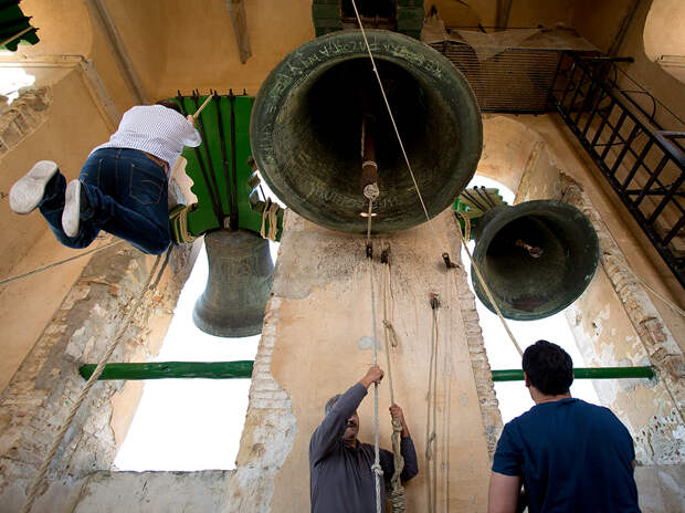 Bell ringers of Utrera perform on Palm Sunday at the beginning of Holy week in Santa Marta de la Mesa Church on April 13, 2014 in Utrera, Spain. Church Bell ringers of Utrera keep a tradition that is more than 500 years and are currently seeking to be included on UNESCO's