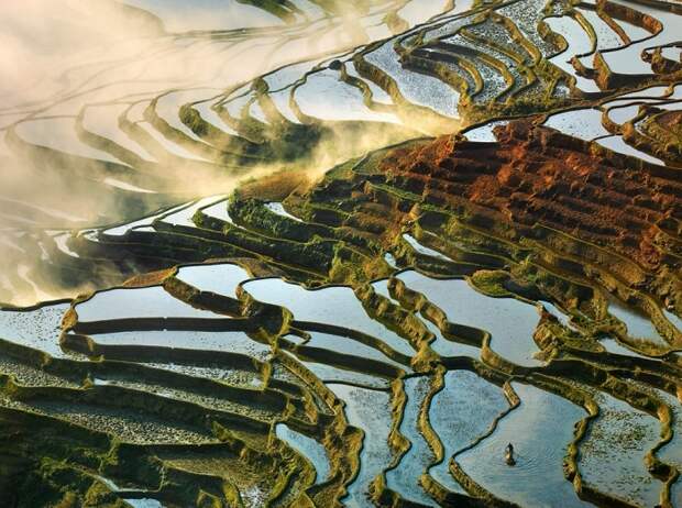 Солнечный свет отражается в водной глади затопленных рисовых полей на высотных террасах.