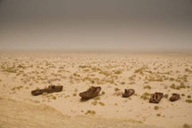 A rusted fleet sits crumbling in the sunbaked desert
