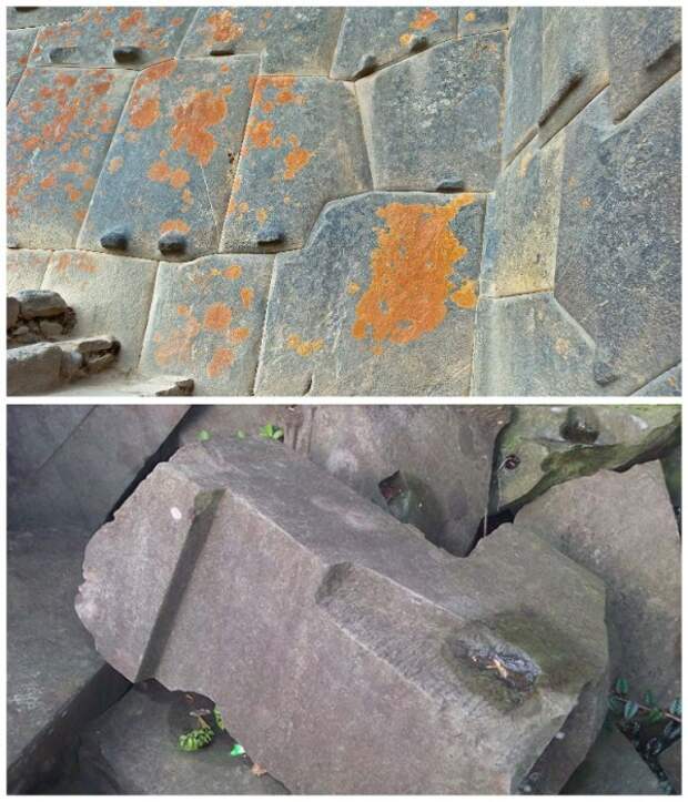 Выступы и углубления на камнях, которые использовались для полигональной кладки, свидетельствуют о том, что камни явно обрабатывались в нужных местах