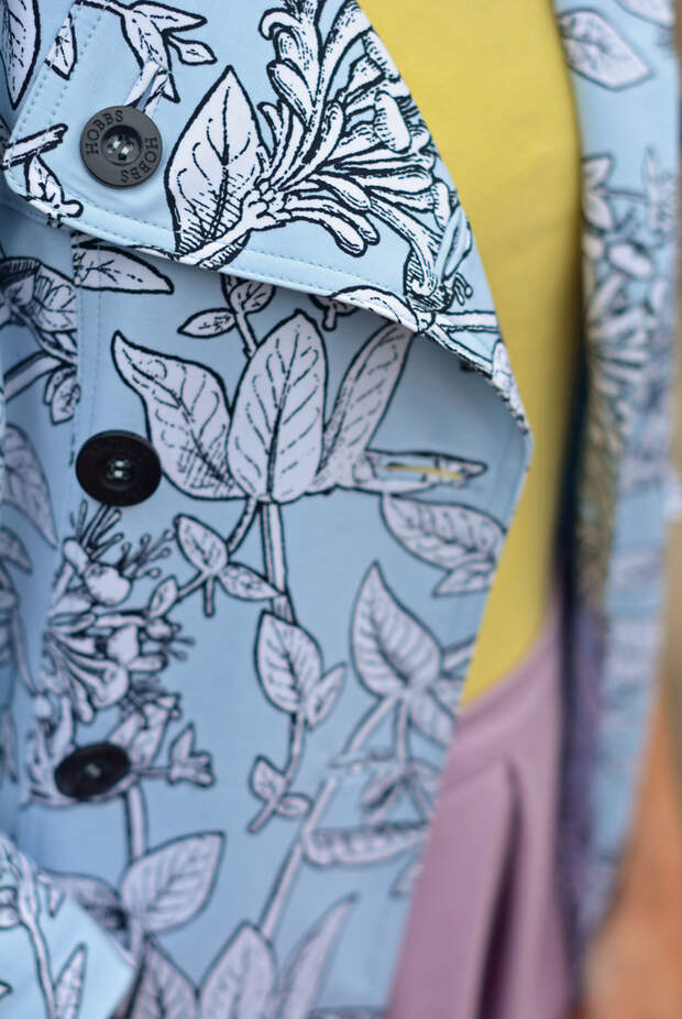 Not Dressed As Lamb | Blue floral trench, yellow tank, purple flare midi skirt