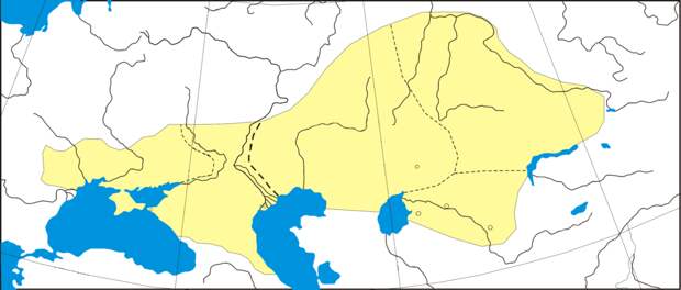 Желтым отмечена область Дешт-и-Кыпчак, где расселились разные группы кыпчакских племен к XII веку / ©Wikimedia Commons