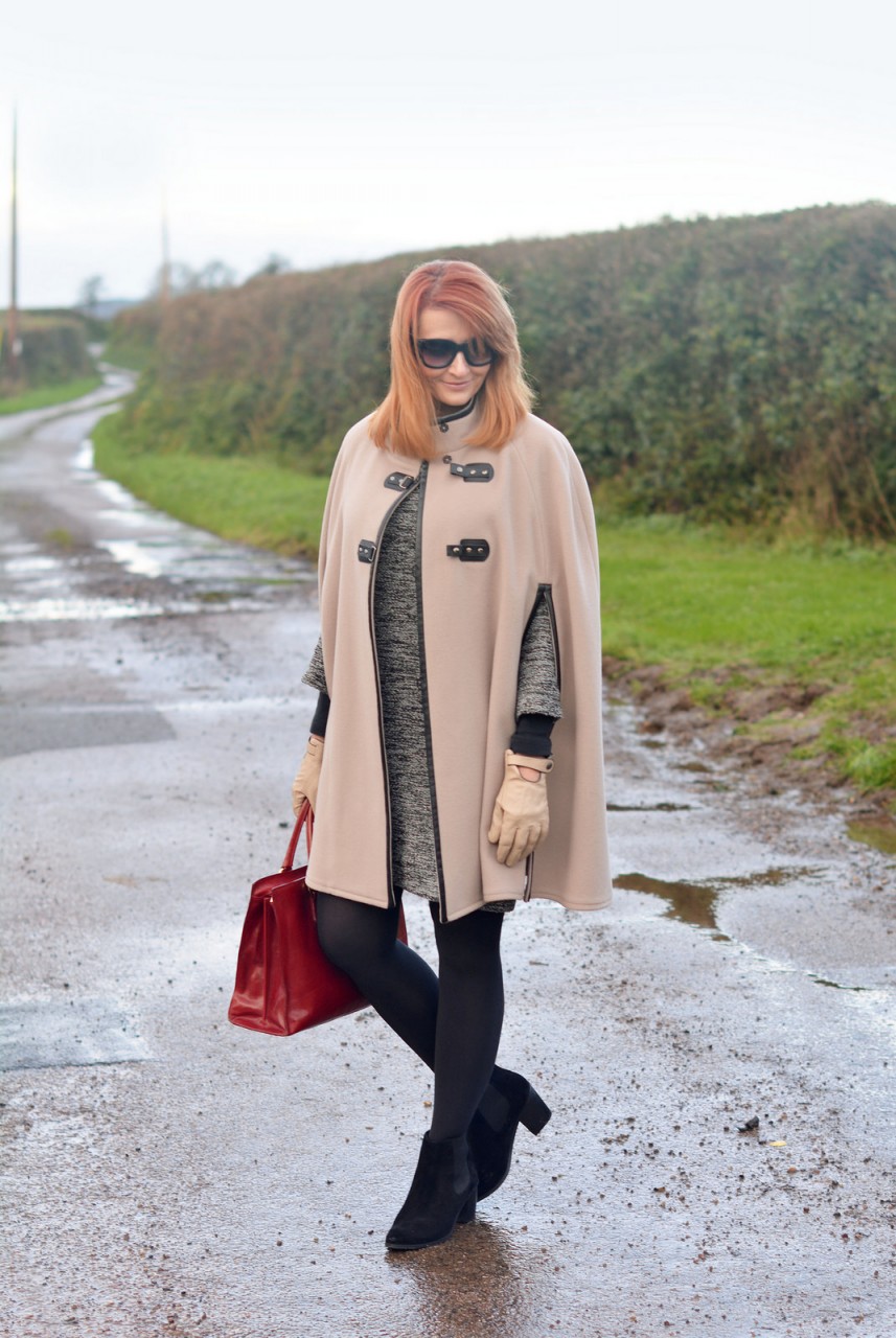 Winter Style | Camel cape, sweater dress, red tote, black tights