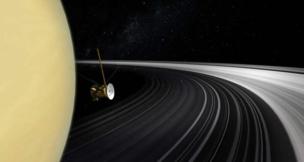 illustration of Cassini near Saturn's rings