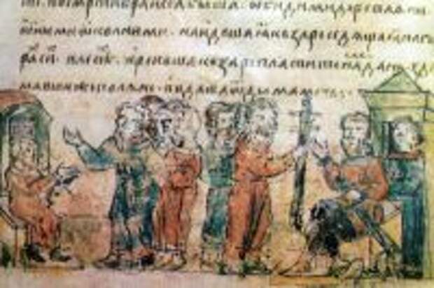Дань полян хазарам, миниатюра Радзивилловской летописи, XV век.
