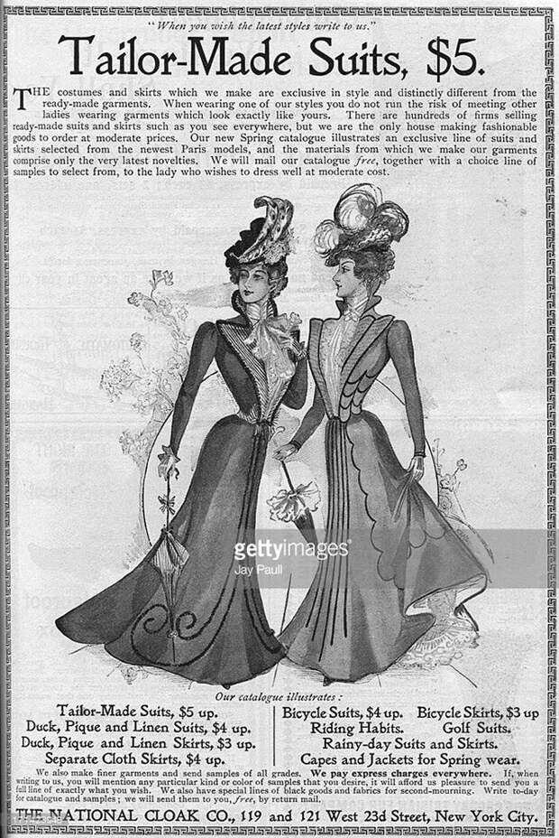 Реклама швейной мастерской National Cloak and Suit Company, Нью-Йорк, 1899. америка, история, реклама