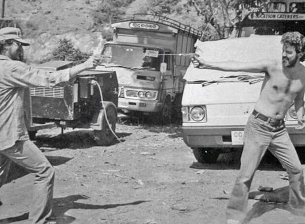 George Lucas and Steven Spielberg playing with water pistols, Sri Lanka, 1983.