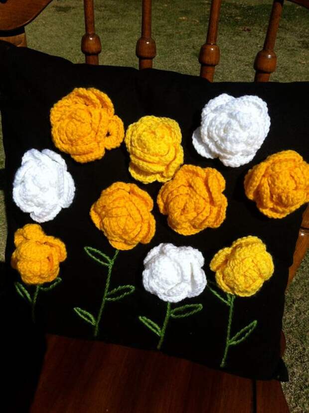 Beautiful Crochet Cushion  Yellow Flowers by CommercialRoad: 
