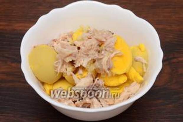 Кладём нарезанное куриное мясо.