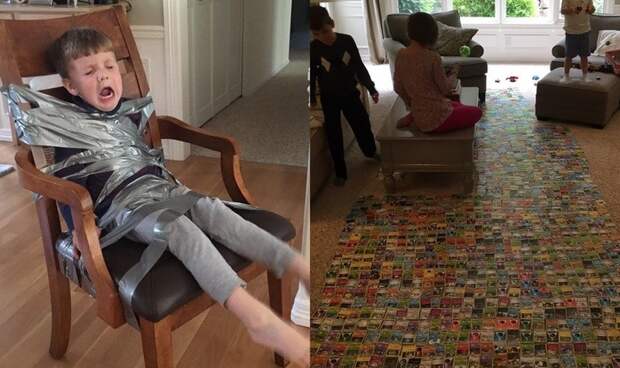 Дети привязали младшего брата к стулу скотчем, потому что он мешал им играть в покемонов дети, игры