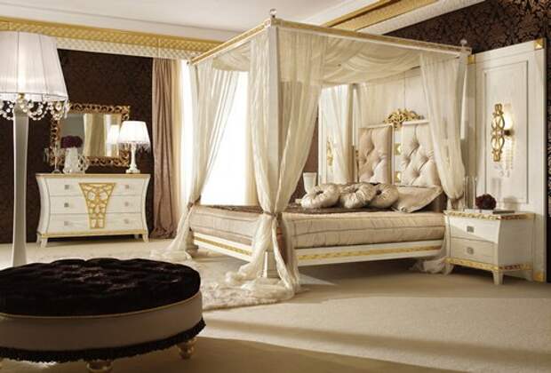 Классический дворцовый интерьер спальни, кровать с балдахином Gotha Luxury Italian Style Классический дворцовый интерьер спальни, кровать с балдахином Gotha Luxury Italian Style