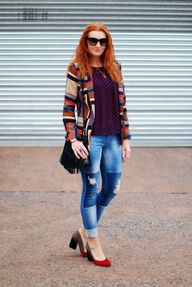 Autumnal style pattern mixing with patchwork denim