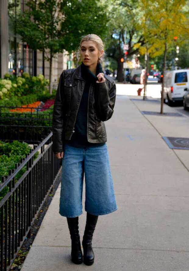 fall culottes banana republic, ootd, style blog, leather jacket, culottes, denim, turtleneck, style blog