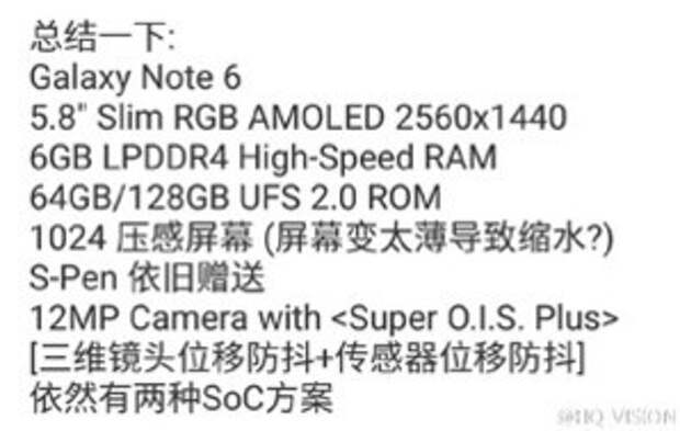 Спецификации Samsung Galaxy Note6