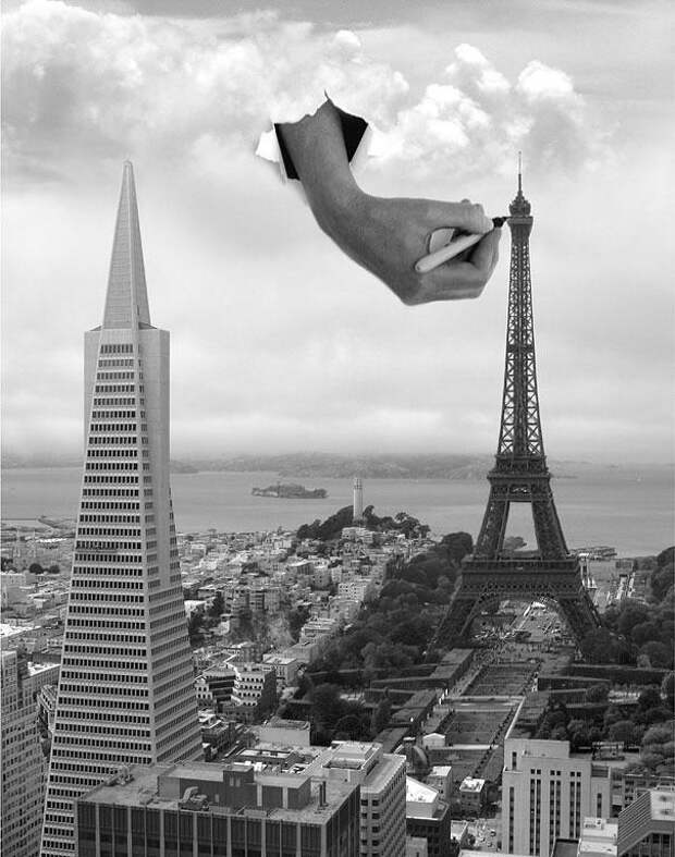 Нарисованный город иллюзии фотошопа