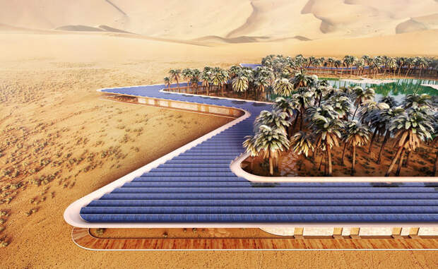 Плоская крыша полностью отдана под солнечные панели. Палящее солнце пустыни окажет неплохую услугу: все системы Oasis Eco Resort будут использовать только солнечную энергию.