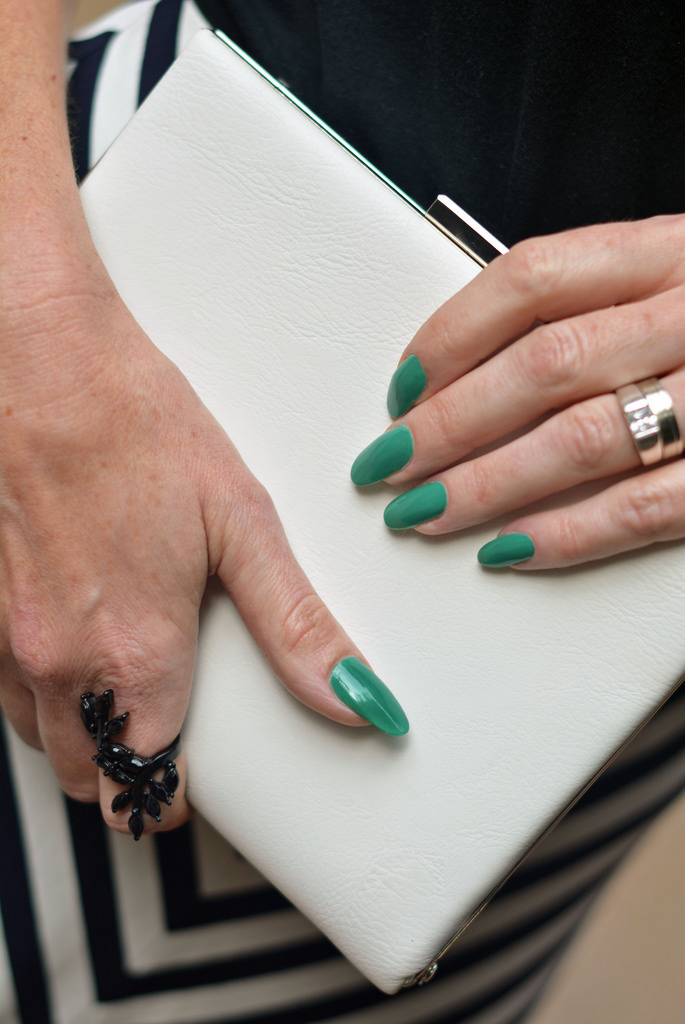 White box clutch, emerald green mani
