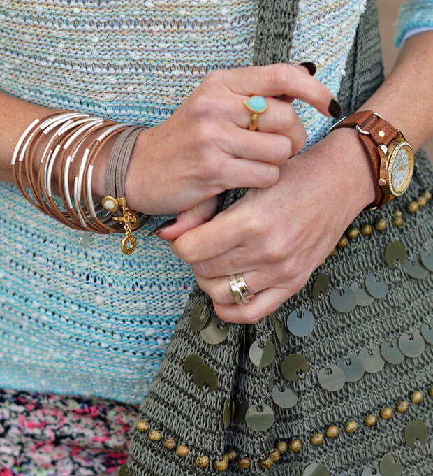 Ombre pastel sweater, floral pants, stacked bracelets