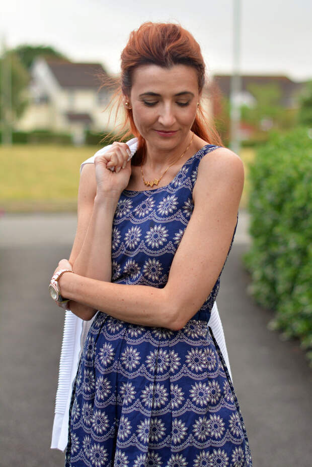 Navy floral vintage-style fit-and-flare dress