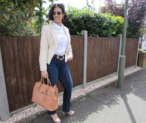white shirt blue jeans