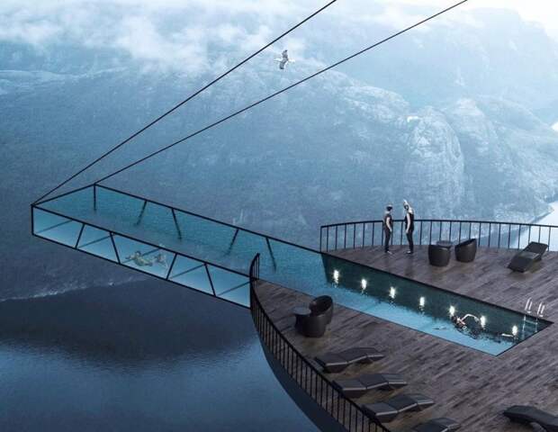 Проект стеклянного бассейна над фьордом в Норвегии