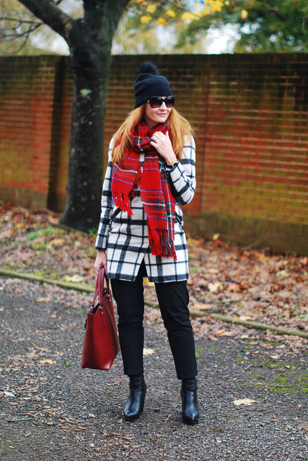 Winter style: Black and white plaid and red tartan