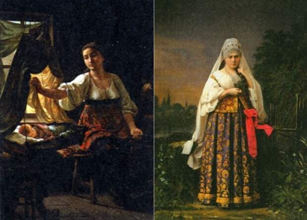 Слева – С. Грибков. Материнство. Справа – Крестьянка в праздничном наряде. Фото А. Карелина