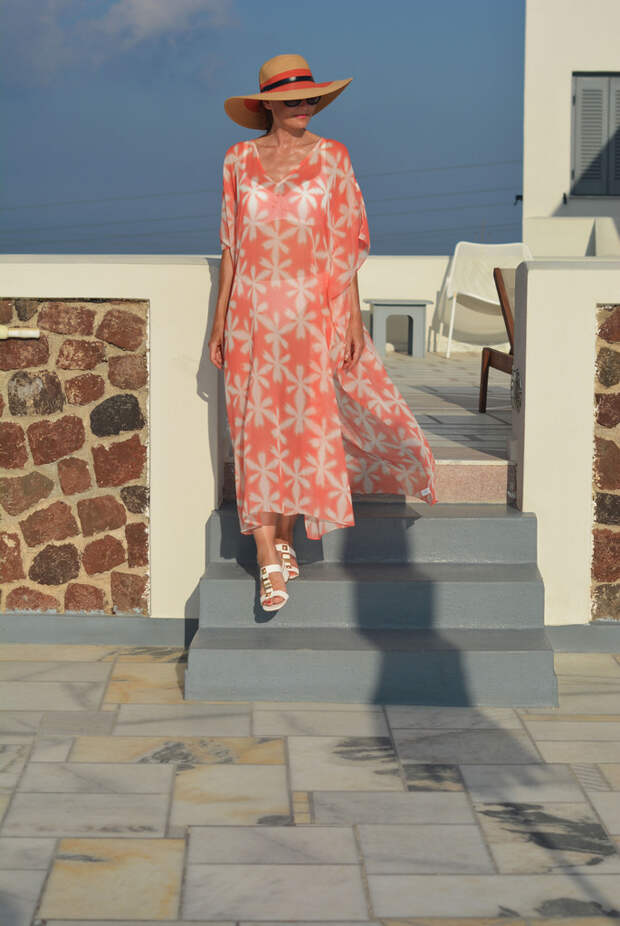 Full length floral kaftan, white bikini, wide-brimmed hat | Not Dressed As Lamb