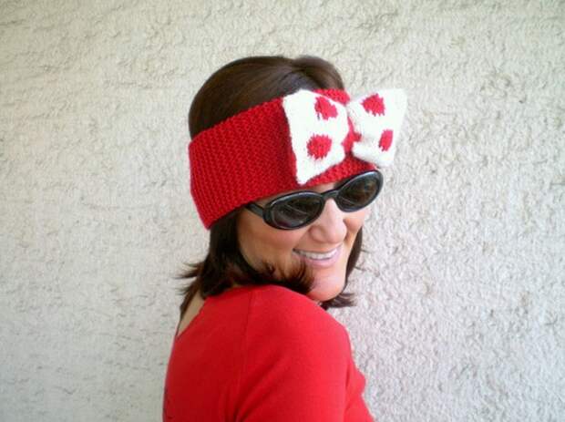 Knitted Bow Headband Oversized Bow Ear warmer in Red, Polka Dot