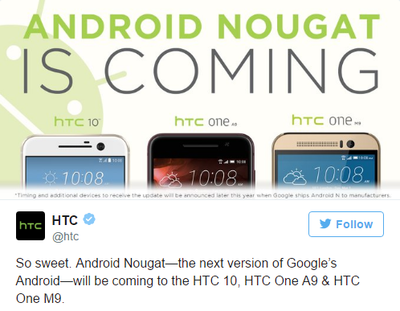 HTC обновит 10, One A9 и M9 до Nougat