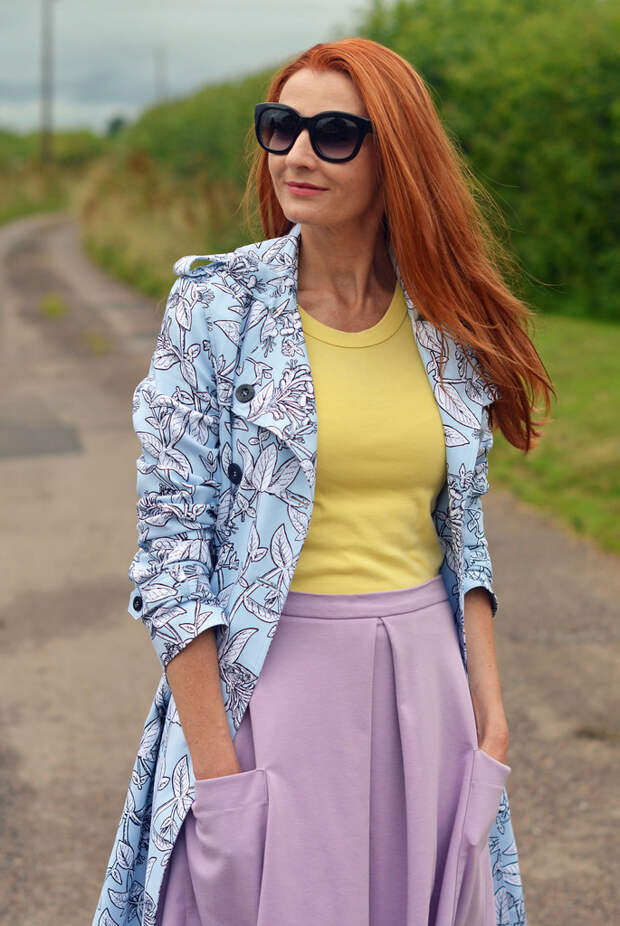 Not Dressed As Lamb | Blue floral trench, yellow tank, purple flare midi skirt