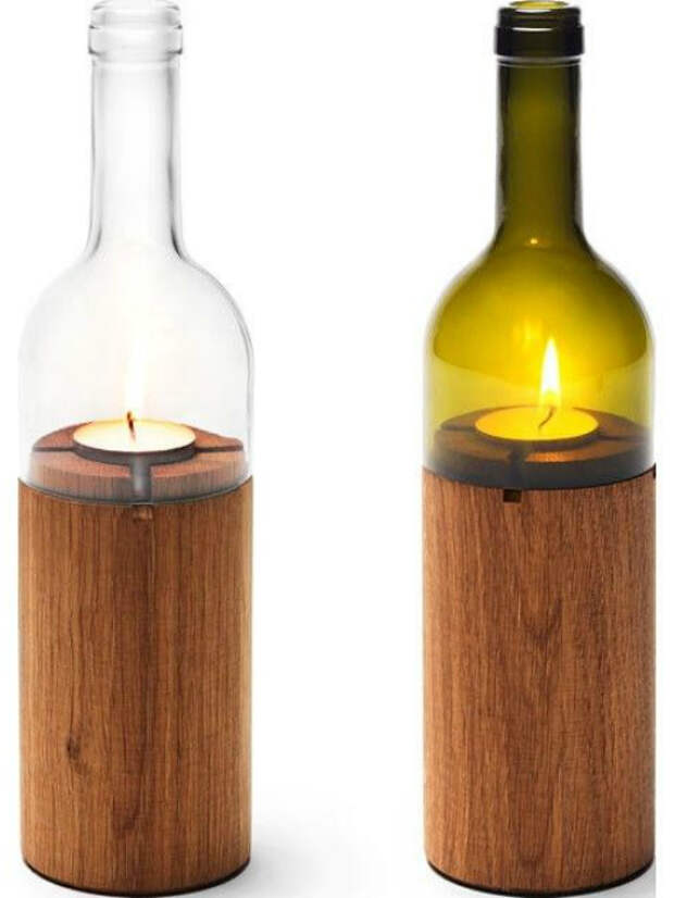 Идеи превращения винных бутылок в стильные и функциональные: Оригинальные подсвечники. Свеча из дерева и винной бутылки