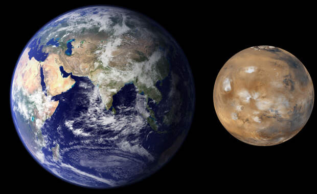 Марс практически наполовину меньше Земли. (NASA/JPL/MSSS)