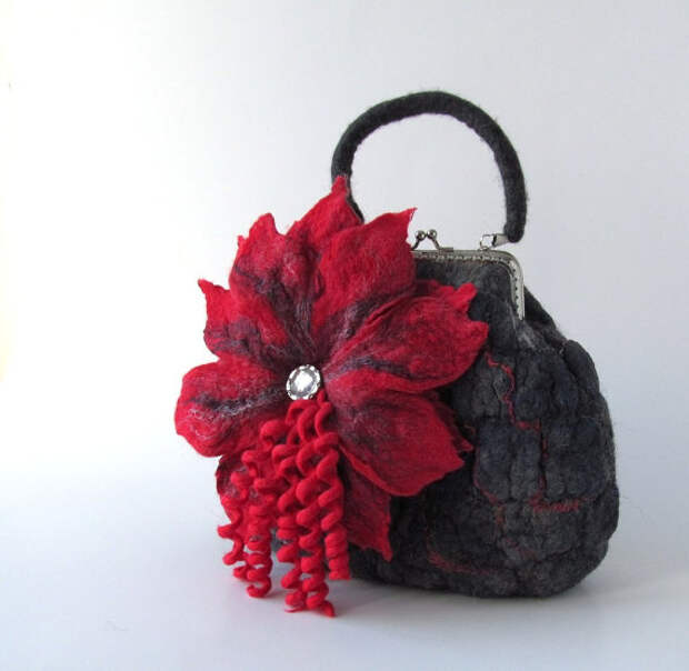 Felted purse red flower under 50