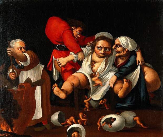 Grotesque_parody_of_an_accouchement__Oil_painting_attributed_Wellcome_V0017238.jpg