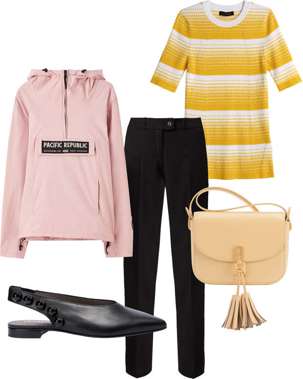 Анорак, 2999 руб., Pull and Bear. Брюки, 4499 руб., Finn Flare. Топ, 2000 руб., Banana Republic.  Сумка, 20 500 руб., Furla. Туфли, 23 490 руб., Pertini (No One).