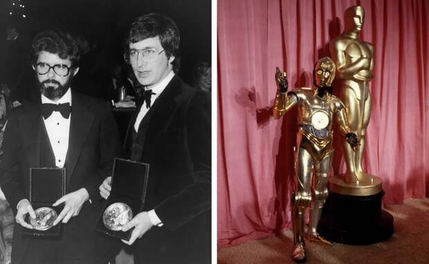 Слева: Джордж Лукас и Стивен Спилберг с премиями Гильдии режиссеров Америки, 11 марта 1978 года. Справа: C-3PO на 50-й церемонии вручения наград премии "Оскар", 1978 год звездные войны, съемка, фотография, эпизод IV