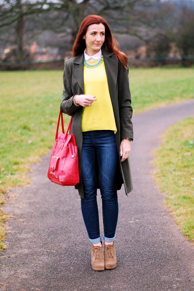 Neon green, olive and red