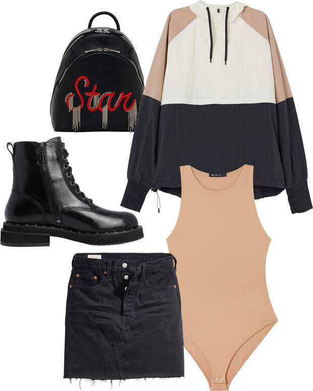 Рюкзак, 15 499 руб., Liu∙Jo. Анорак, 2999 руб., H&M. Боди, 1299 руб., Stradivarius. Юбка, 5500 руб., Levi's. Ботинки, 13 190 руб., Tendance (Rendez vous).