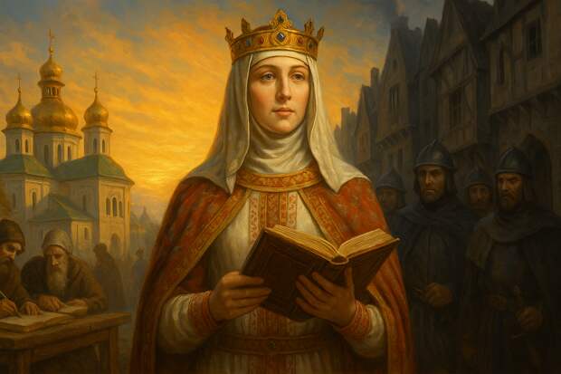 Анна Ярославна в русском княжеском наряде, но в королевской короне, стоит с книгой в руках.