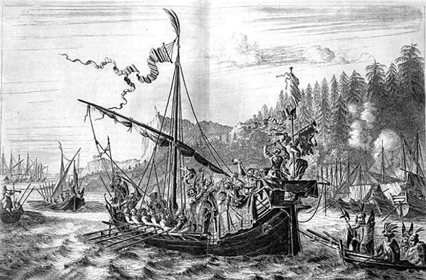 Степан Разин бросает в Волгу персидскую княжну, гравюра из «Трех путешествий» Яна Янсена Стрейса 