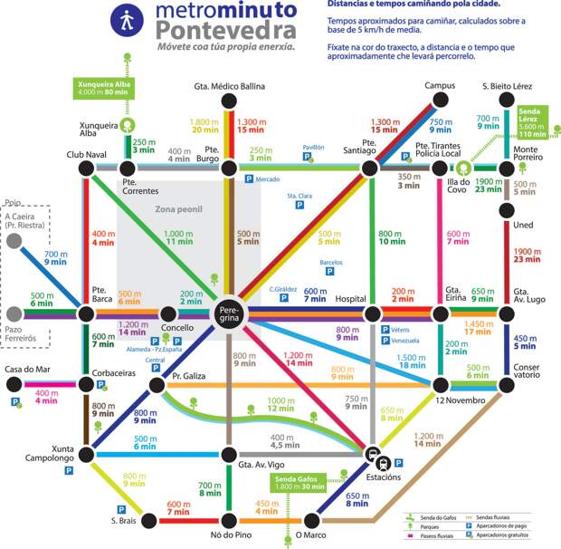 Карта Понтеведры выполненная под схему линий метро, показывает среднее время ходьбы пешком