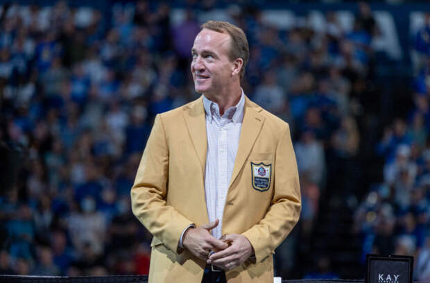 Sep 19, 2021; Indianapolis, Indiana, USA; Indianapolis Colts Hall of fame Quarter back Peyton Manning Indianapolis Colts receives his hall of fame rings at halftime of the game between the Indianapolis Colts and the Los Angeles Rams at Lucas Oil Stadium. Mandatory Credit: Trevor Ruszkowski-USA TODAY Sports
