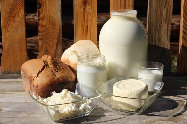 Деревенская еда - молоко, хлеб, сыр, творог 